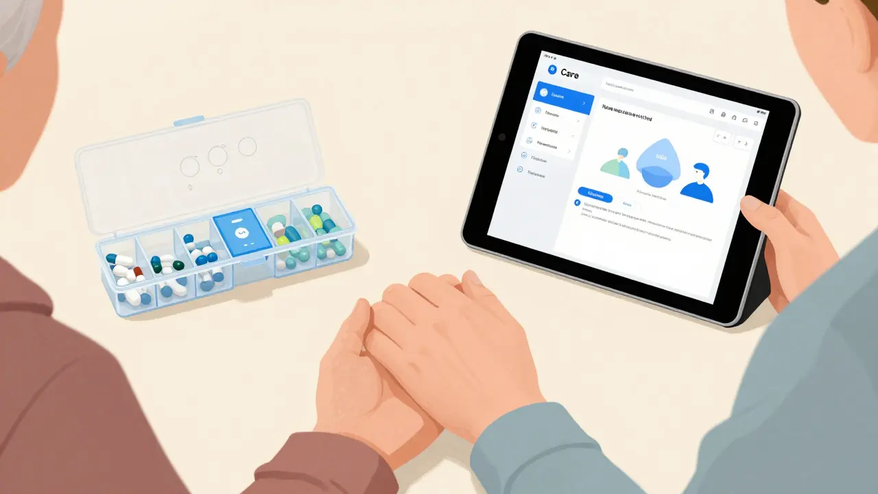 A caregiver assisting an elderly person with a pill organizer and a digital tracking tablet.