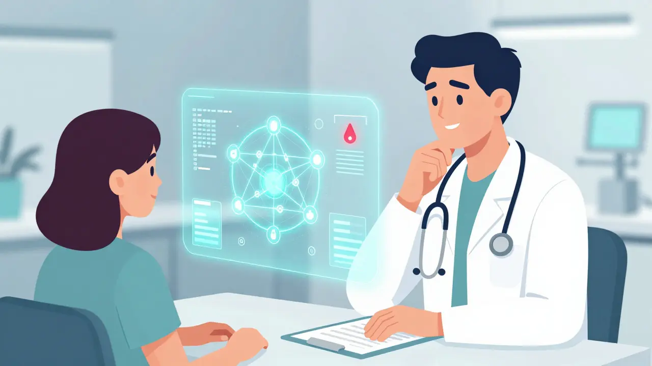 A doctor and an AI hologram analyzing a patient's medication data.