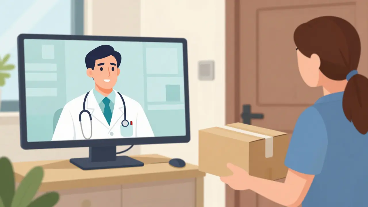 A doctor on a telemedicine call and a pharmacy delivery package being received