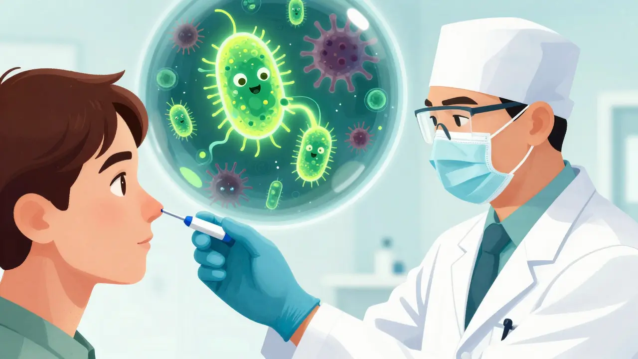 A doctor performing a rapid sinus test with a conceptual view of nasal probiotics.