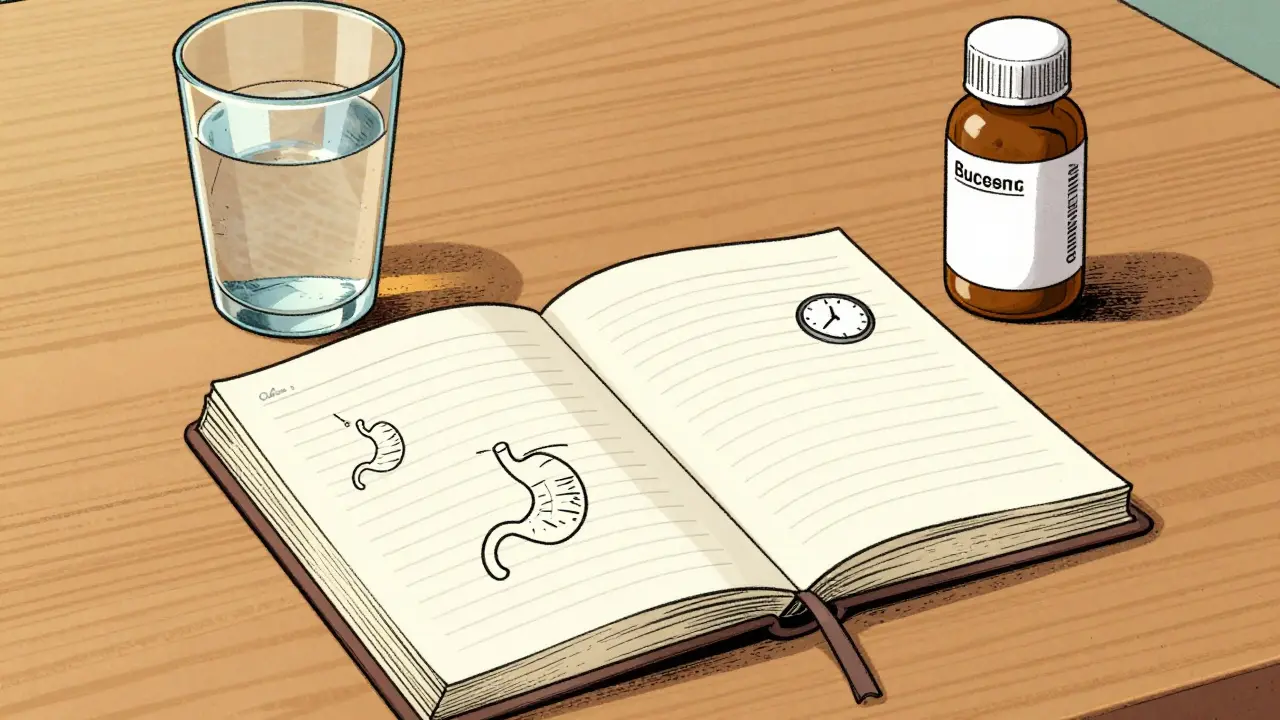 A medication diary and generic pills on a table in a comic book illustration.