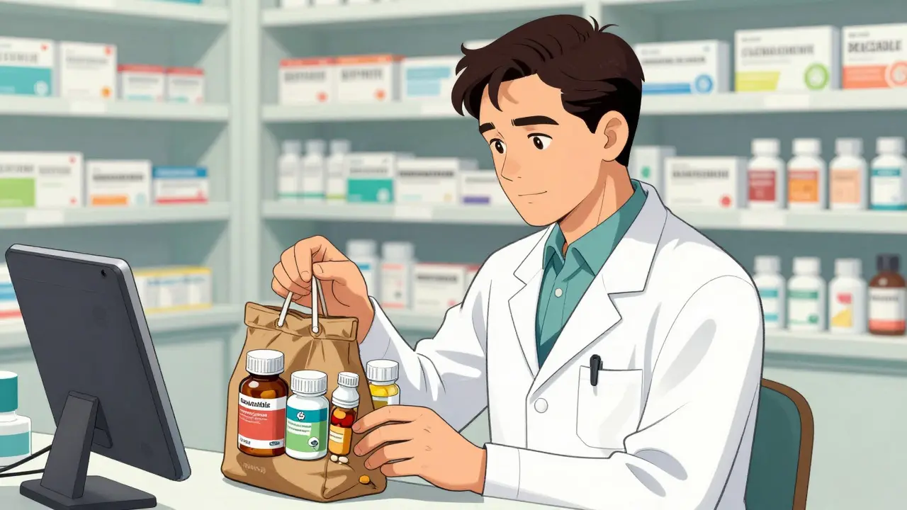 A pharmacist comparing a bag of medication bottles with a digital record.