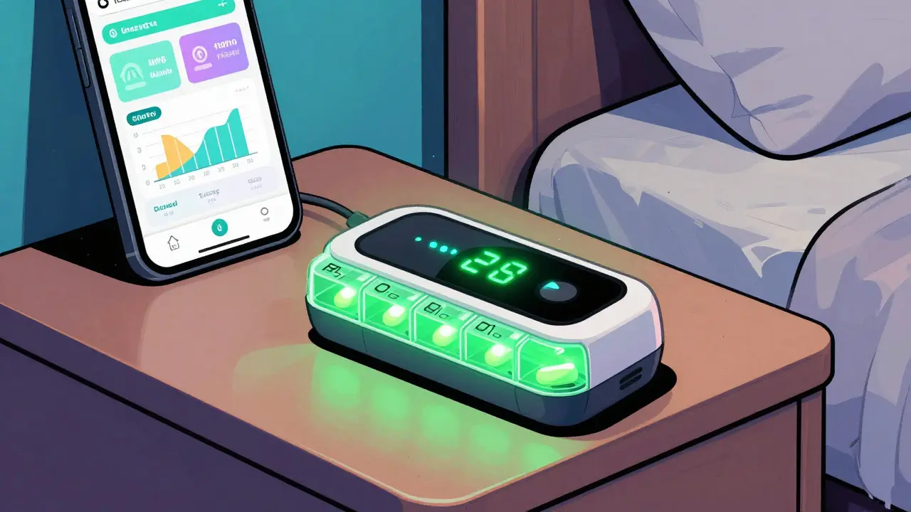 A smart pillbox with a green LED light next to a smartphone displaying a health dashboard.