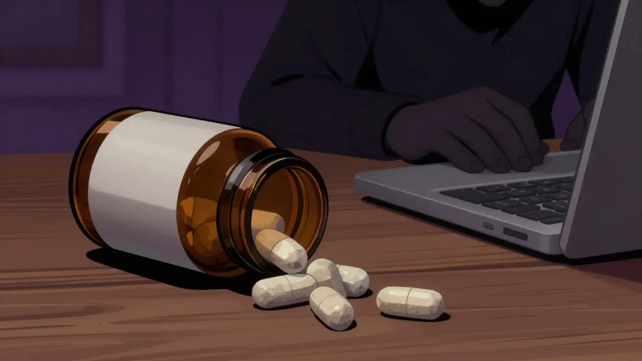 Close-up of mismatched counterfeit pills spilled from an unmarked bottle