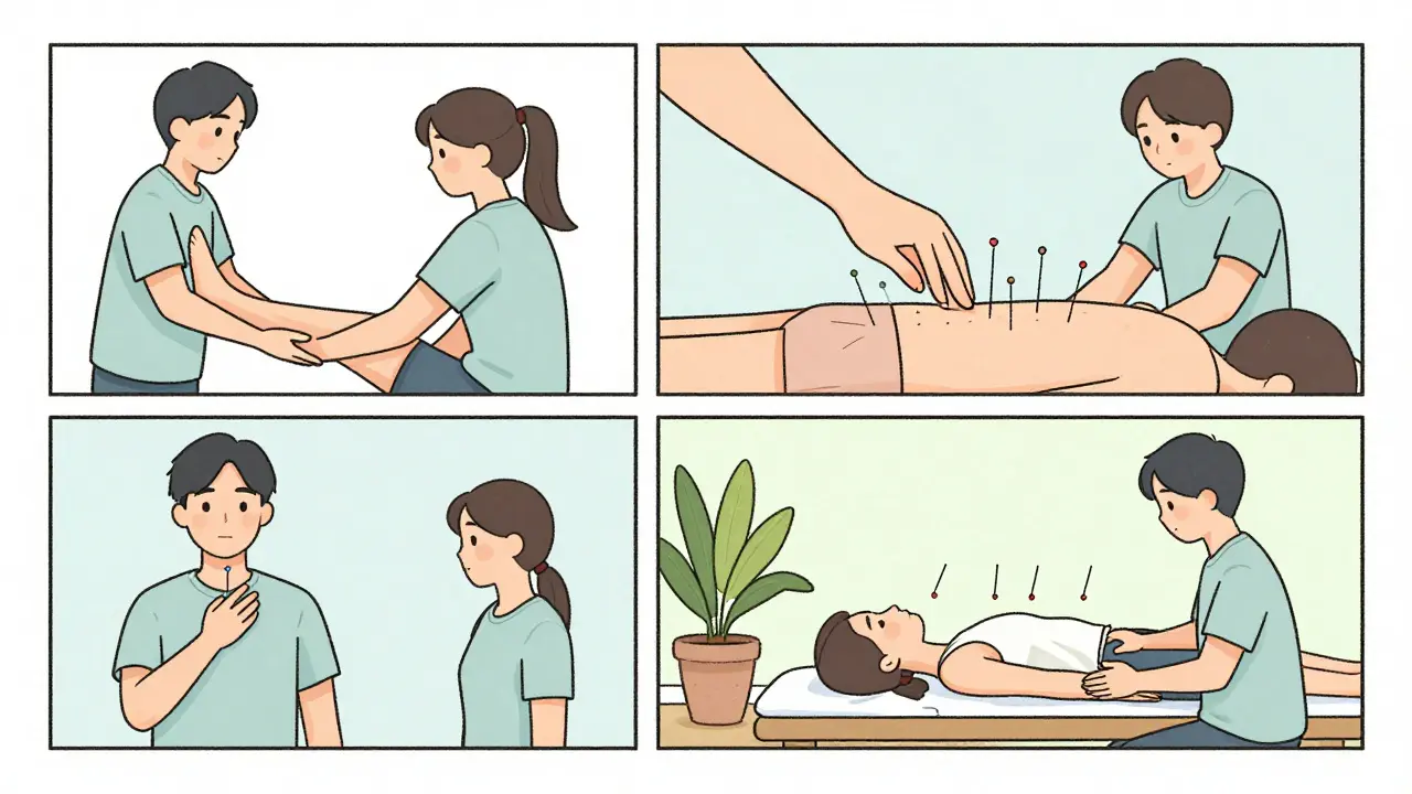 Comic panels depicting physical therapy, acupuncture, and CBT as drug-free pain alternatives.