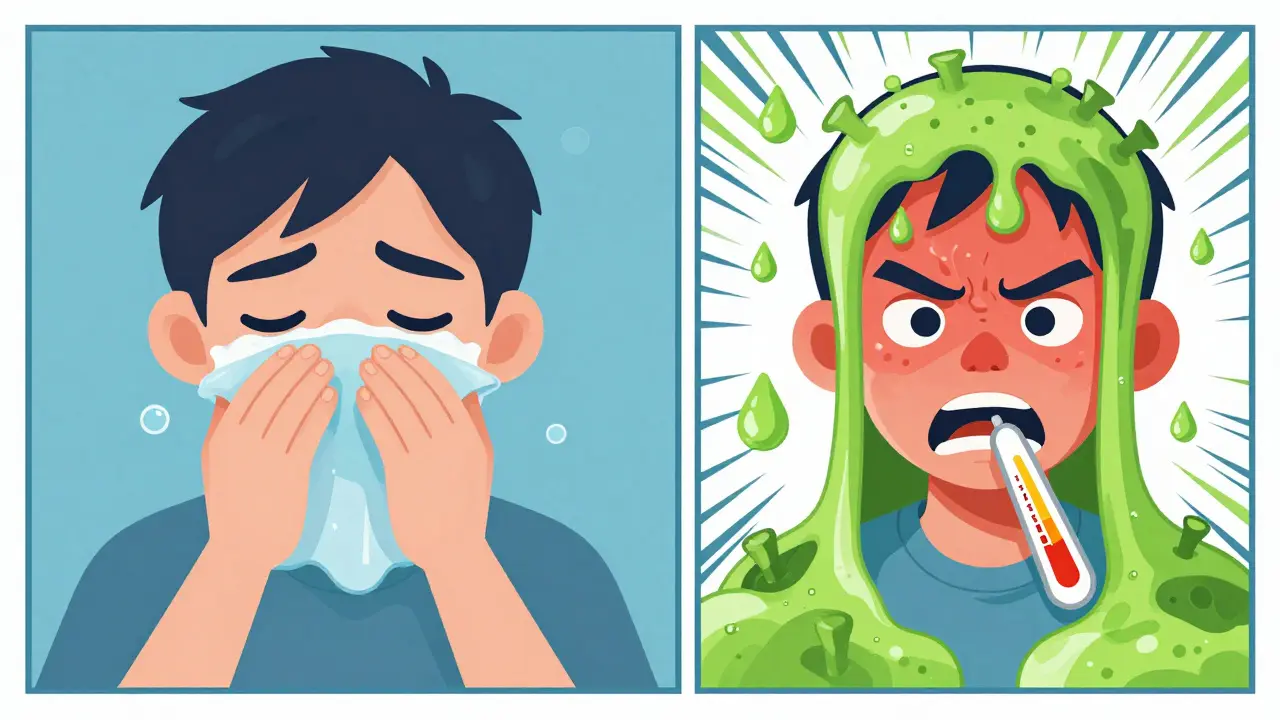 Comparison between a mild viral cold and a severe bacterial sinus infection.