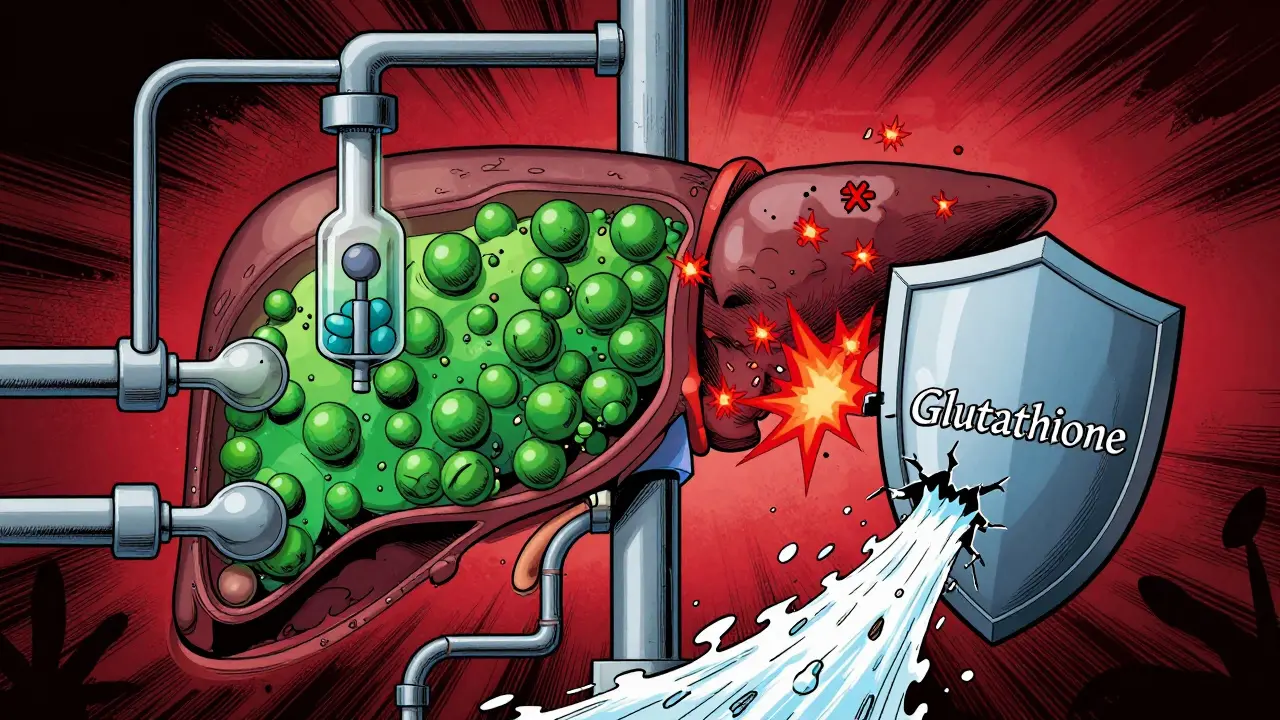 Conceptual comic art of a liver being attacked by toxins as protective glutathione depletes.
