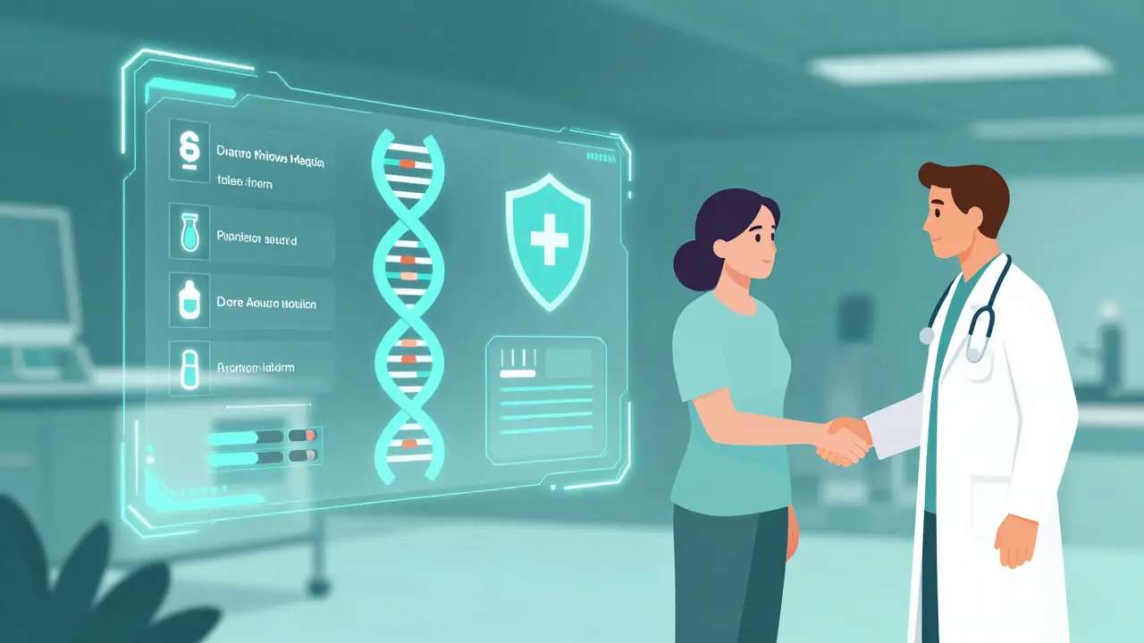 Doctor and patient agreeing on a personalized medication plan based on genetic data.