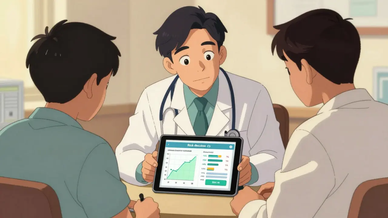 Doctor and patient collaborating over a digital risk calculator on a tablet.