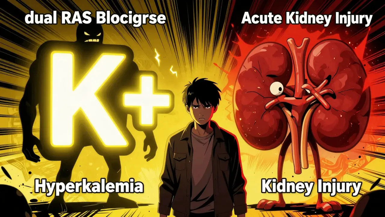 Dramatic comic art depicting the risks of high potassium and kidney injury from dual drug use.