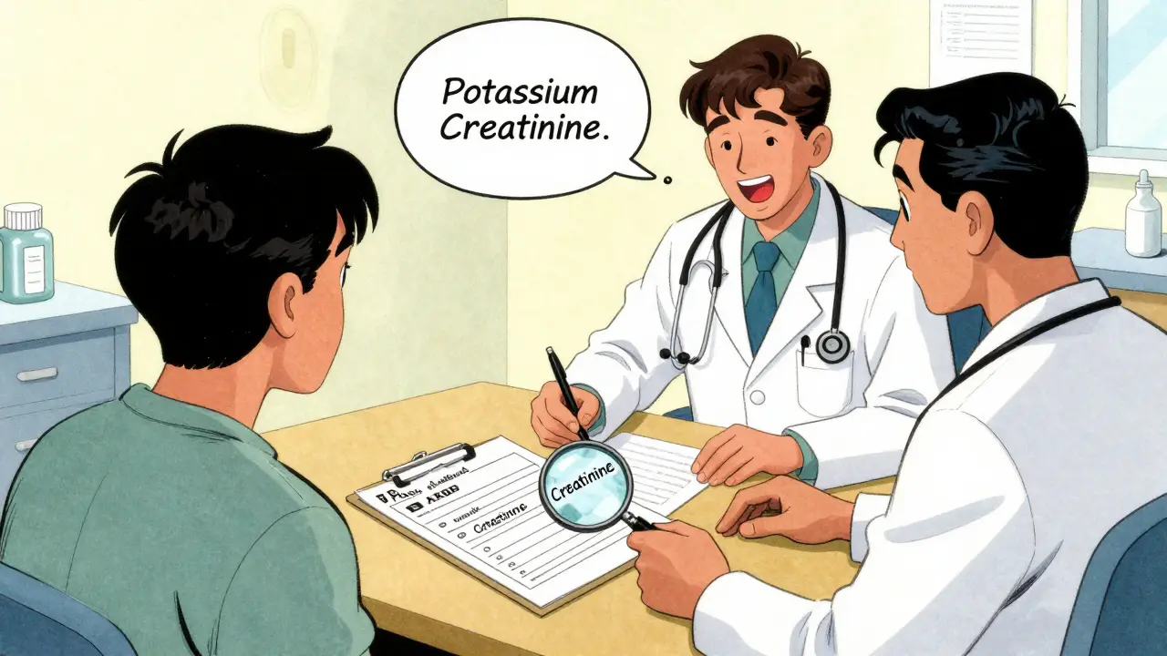 Illustration of a patient and doctor reviewing blood test results in a medical clinic.