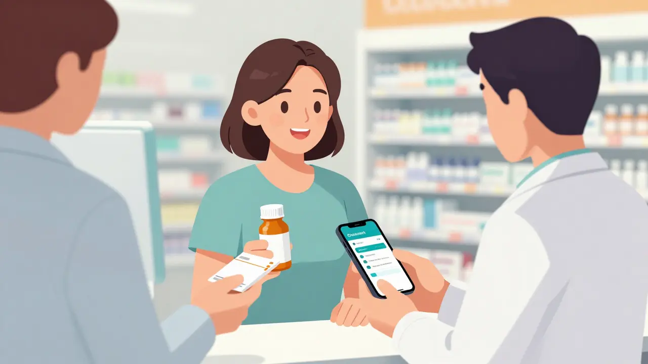 Patient receiving generic medication at a pharmacy while using a discount coupon