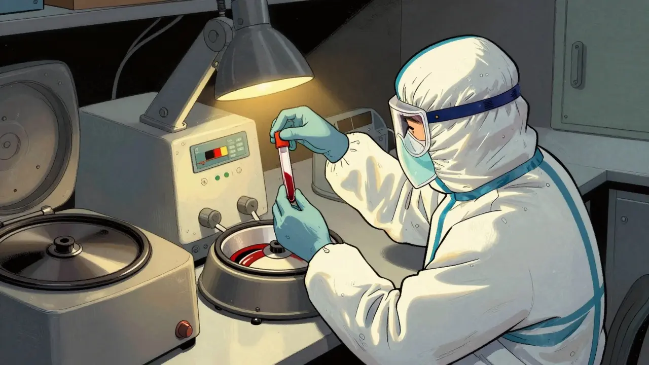 Technician examining red plasma vial in lab