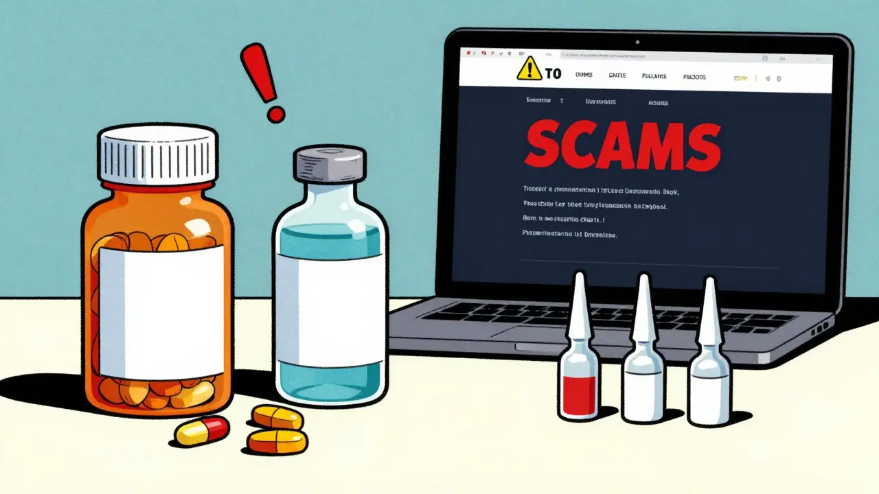 Various forms of Ciprofloxacin medication with a warning symbol against scams